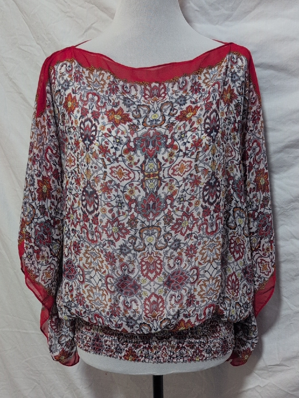 Max Studio Red Multicolor Sheer Floral Blouse
